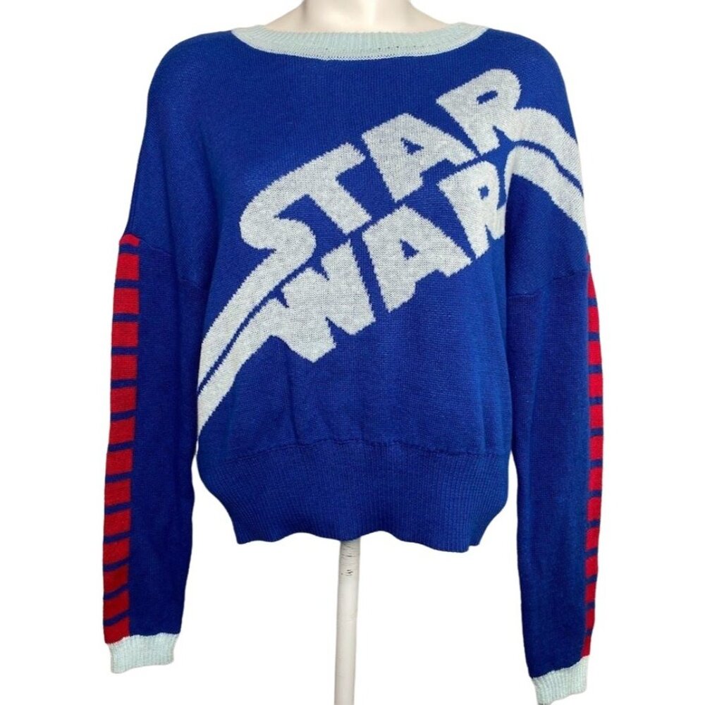 Star Wars Sweater Top Women's MEDIUM Blue Red Retro-Style Long-Sleeve Soft NEW